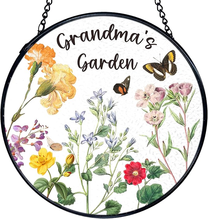 TNUW Grandma's Garden Stained Glass Window Hanging, Grandma Gifts from Grandkids Sun Catchers Indoor Window Glass Round Wall Art Decor, Grandmother Gifts Wall Hanging Decorations, 7.9＂x7.9＂
