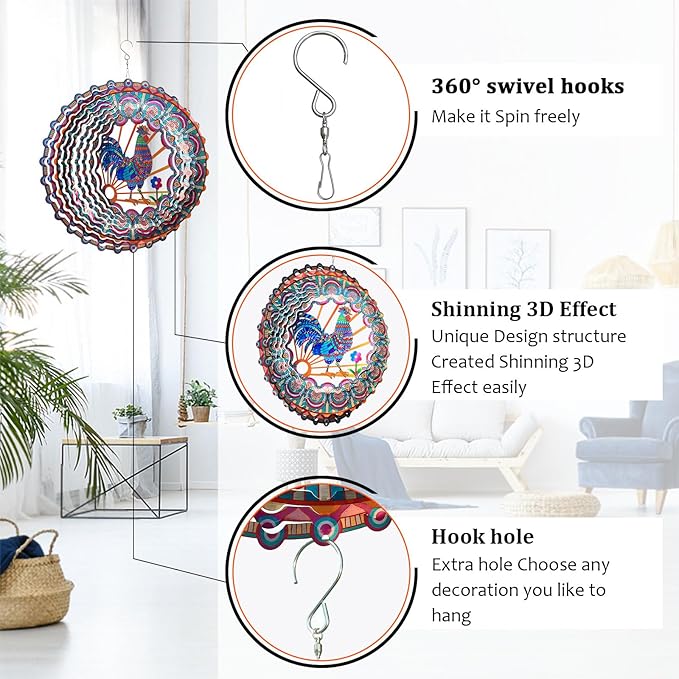 Rooster Kinetic Wind Spinner - 12-Inch 3D Holographic Metal Hanging Sculptures, Rustproof Outdoor Decor Garden Patio Decoration, Unique Gift for Chicken Lovers Mom Dad Men Women
