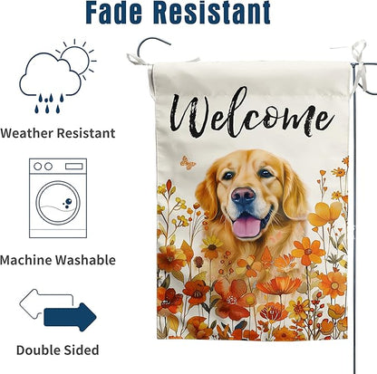 Floral Golden Retriever Garden Flag Fall Yard Flag Wildflower Dog Garden Flags Orange Autumn Lawn Flags Welcome Thanksgiving Outdoor Flags for Outside 12x18 Double Sided Small
