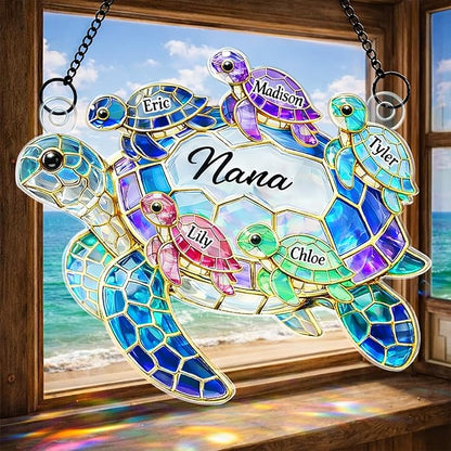 Personalized Turtle Suncatcher for Grandma, Custom Name Window Hanging Stained Glass Ornament, Colorful Window Decor for Grandparents, Gift for Mother's Day, Birthdays, Christmas