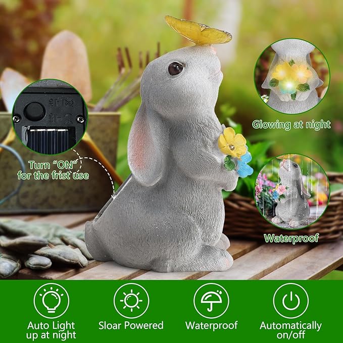 Solar Garden Decor Bunny with Flowers Statues Outdoor, Outdoor Figurine Statue Lights, Outdoor Garden Yard Lawn Patio Decoration, Unique House Warming Birthday Present for Women Family
