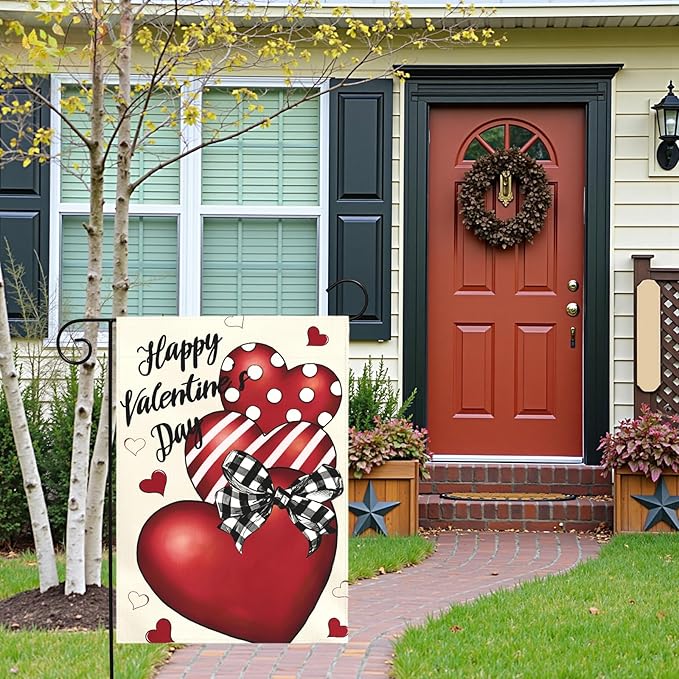 Valentines Day Garden Flag 12x18 Double Sided Happy Valentine’s Day Yard Banner with Red Hearts Polka Dot & Striped Love Heart Buffalo Plaid Bow Romantic Outdoor Decor for Porch Lawn Patio