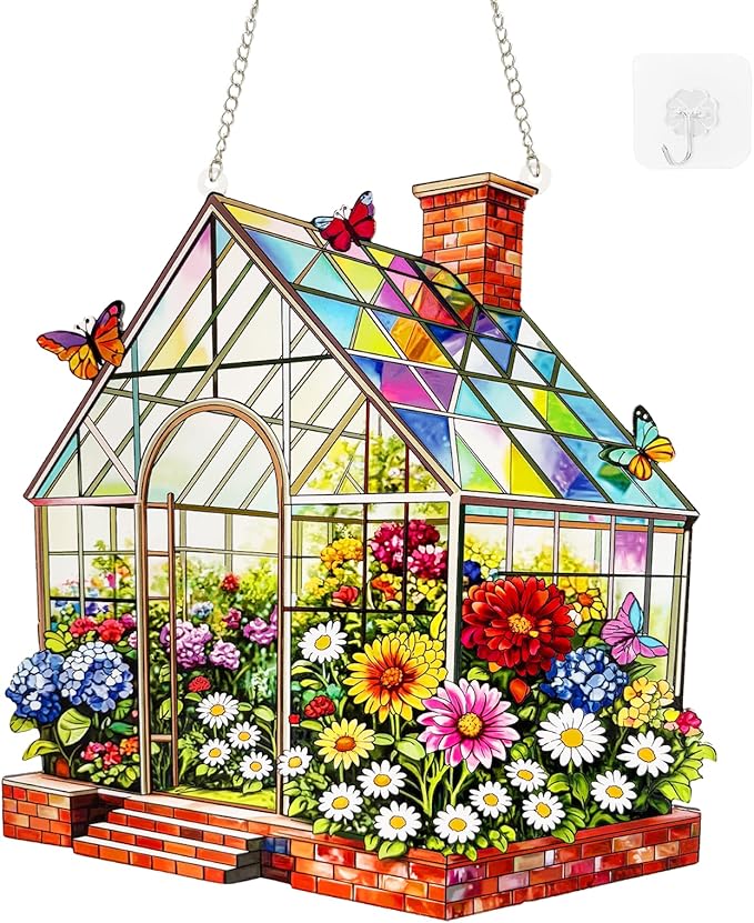 Stained Glass Suncatcher Window Hanging, Marzovitra 10 Inch Greenhouse Garden with Flowers Butterflies, Colorful Floral Real Glass Panel for Home Sunroom Patio Porch Indoor Outdoor Decor Gift Idea