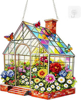 Stained Glass Suncatcher Window Hanging, Marzovitra 10 Inch Greenhouse Garden with Flowers Butterflies, Colorful Floral Real Glass Panel for Home Sunroom Patio Porch Indoor Outdoor Decor Gift Idea