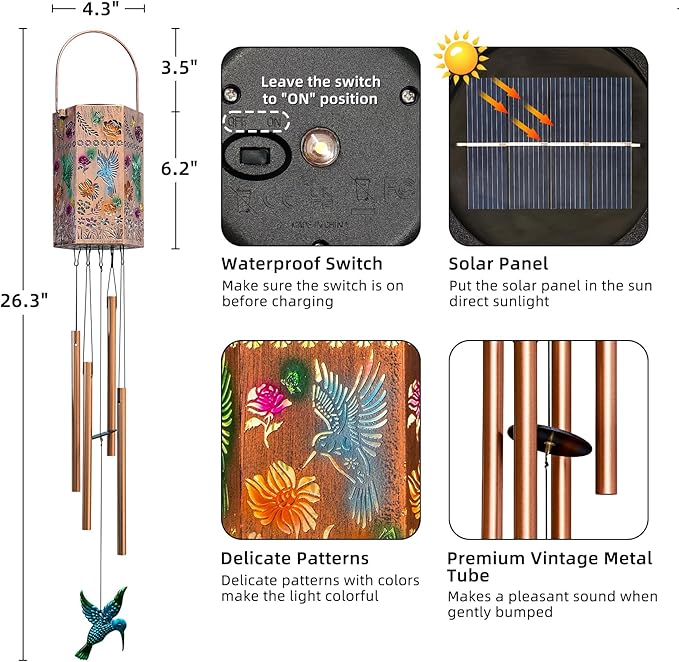 Gifts for Women - Metal Hummingbird Wind Chimes for Mom Grandma Wife, Patio, Garden, Porch, Outdoor Hanging Decor