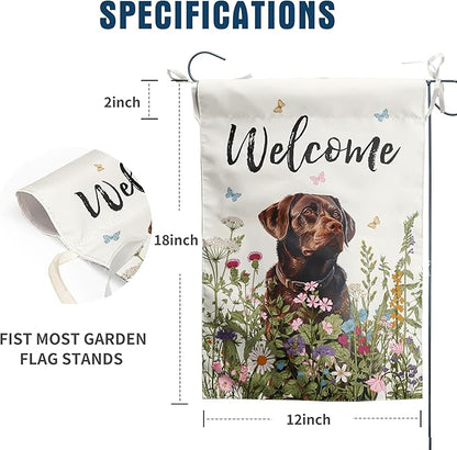 Spring Summer Garden Flag Floral Chocolate Lab Yard Flag Flower Labrador Dog Garden Flags for Outside Small Outdoor Welcome Flags 12x18 Double Sided