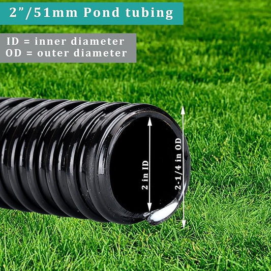 Pond Tubing ID 2” × 50ft Black Corrugated Flexible Reinforced Waterfall Pond Tube Sump Pump Hose, Non-toxic & Kinkproof (50 ft, 2" ID)