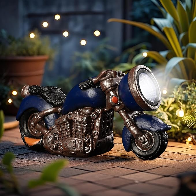 Etlemonde Solar Vintage Style Motorcycle Statue, Resin Rustic Retro Sculpture with LED Lights,Outdoor Art Decor for Garden Courtyard Lawn, Ideal Housewarming、Birthday Gift for Motorcycle Enthusiasts