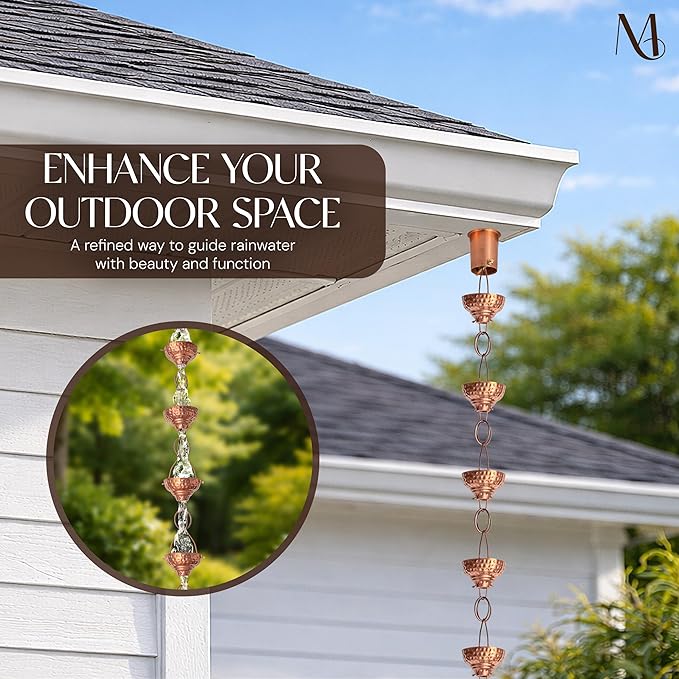 Monarch Rain Chains Pure Copper Eastern Cups Rain Chains for Gutters – 8.5 ft Decorative Rainchain Outdoor Durable Heavy Duty Gutter Chain Downspout Replacement, Modern Rainchains for Outside