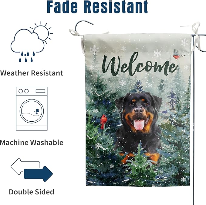 Welcome Winter Garden Flags Rottweiler Garden Flag Cardinal Birds on Snowy Pine Tree Flag Dog Yard Flags for Outside 12x18 Double Sided Christmas Decorative Lawn Flags