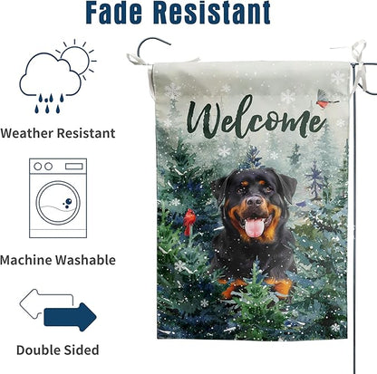 Welcome Winter Garden Flags Rottweiler Garden Flag Cardinal Birds on Snowy Pine Tree Flag Dog Yard Flags for Outside 12x18 Double Sided Christmas Decorative Lawn Flags