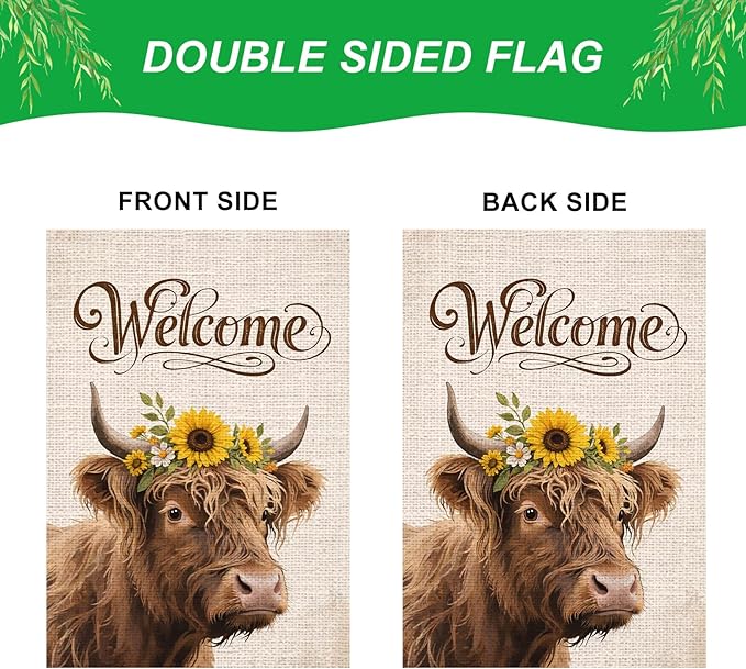 IVN Highland Cow Garden Flag 12x18 Inch – Welcome Burlap Flag with Sunflower Crown, Double Sided Outdoor Yard Flag for Porch Lawn Patio Decor