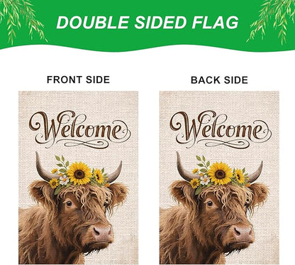 IVN Highland Cow Garden Flag 12x18 Inch – Welcome Burlap Flag with Sunflower Crown, Double Sided Outdoor Yard Flag for Porch Lawn Patio Decor