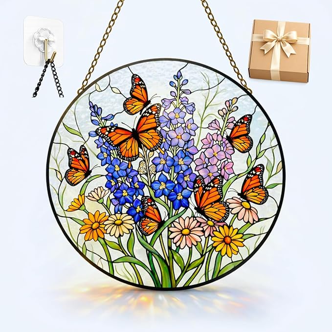 Wildflower Butterfly Suncatcher Window Hanging, 7.8" Stained Glass Decor, Meaningful for Mom, Grandma, Family and Friends, Home Decor for Window, Kitchen, Sunroom and Garden