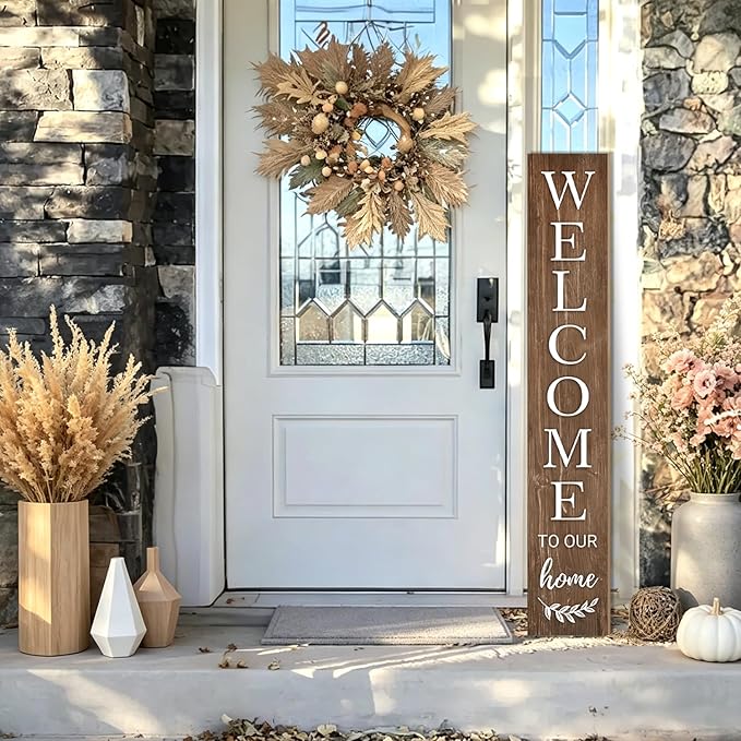 Summer Welcome Sign for Front Door, 47'' Brown Wooden Porch Sign Large Warm Greeting Door Sign Farmhouse Vertical Porch Sign Rustic Standing Welcome Yard Signs for Patio Outdoor Indoor Garden