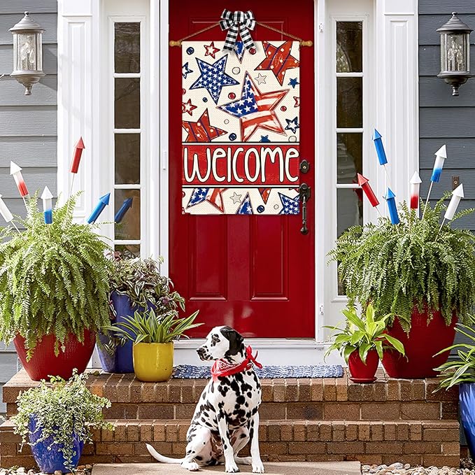 AVOIN colorlife Patriotic 4th of July House Flag 28x40 Inch Double Sided Outside, Welcome American Stars and Stripes Yard Outdoor Decoration
