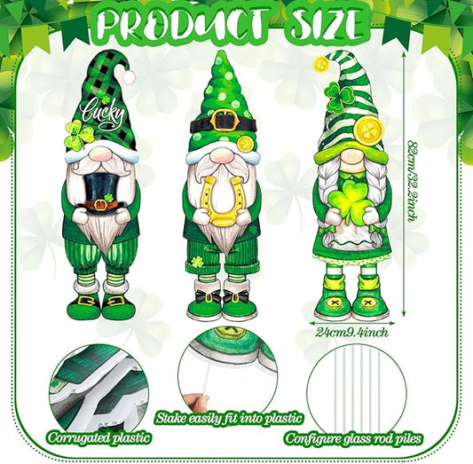 Umigy 3 Pcs St. Patrick's Day Yard Signs Shamrock Gnome Outdoor Decor with Stakes 32 x 10 Inch St. Patrick's Day Lawn Garden Decorations for Home Pathway Walkway