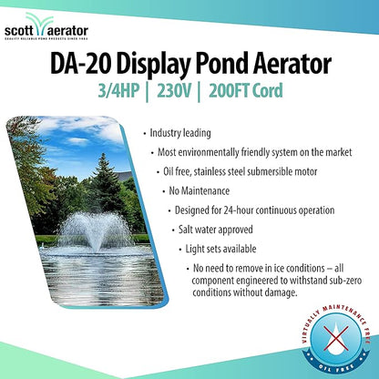 Scott Aerator DA-20 Display Pond Aerator – 3/4 Horse Power 230V 200ft Cord | Aerating Pond Fountain for up to 1 Acre Ponds | Pond Aerator Pump for Small Ponds | Pond Aeration System | Made in USA