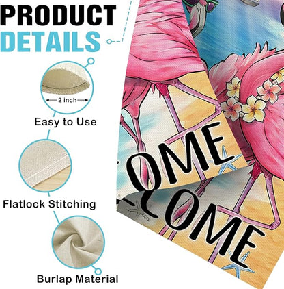 Dyrenson Welcome Summer Flamingo Decorative Garden Flag, Beach Coastal Tropical Palm Leaves Yard Outside Home Decoration, Hawaii Nautical Seasonal Burlap Outdoor Small Decor Double Sided 12 x 18