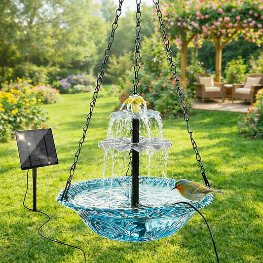 Hanging Solar Bird Bath Fountain, 3 Layers Outdoor Cascading Bird Bath with Solar Pump, 3 Nozzles & Blue Glass Bowl, Attracts Wild Birds for Garden, Backyard, Pergola
