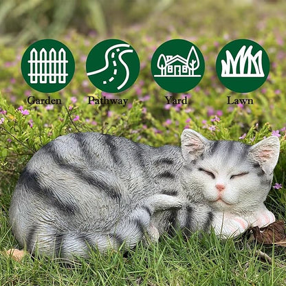 Sleeping Cat Statue Garden Decor, Outdoor Cat Sculpture & Figurine Lawn Ornament, Grey Tabby Statue for Patio, Lawn, Yard Decorative, Cute Kitten Memorial Grave Accessory