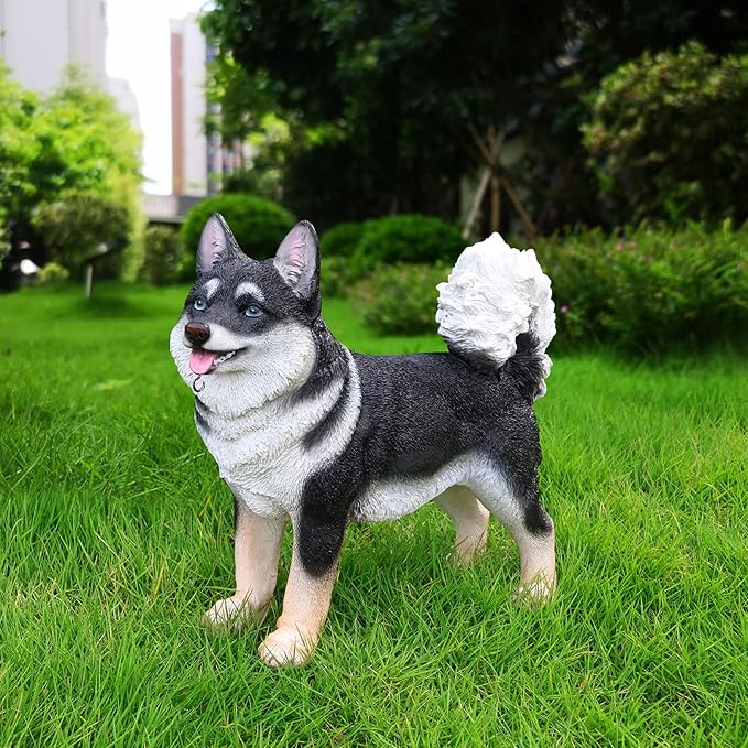 Japanese Akita Porch Guardian with Solar Lantern & Double-Sided Sign, Standing Black Akita Statue for Entryway, Steps, Garden Gate & Patio Décor