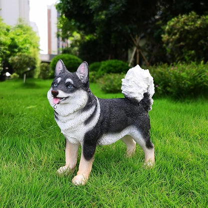Japanese Akita Porch Guardian with Solar Lantern & Double-Sided Sign, Standing Black Akita Statue for Entryway, Steps, Garden Gate & Patio Décor