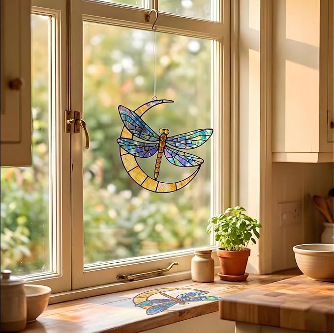 Dragonfly Crescent Moon Handmade Resin Suncatchers, Artisan Boho Sun Catcher Stained Glass Effect Window Hanging Garden Decor, Gift for Mother's Day Mom Grandma Wife Women