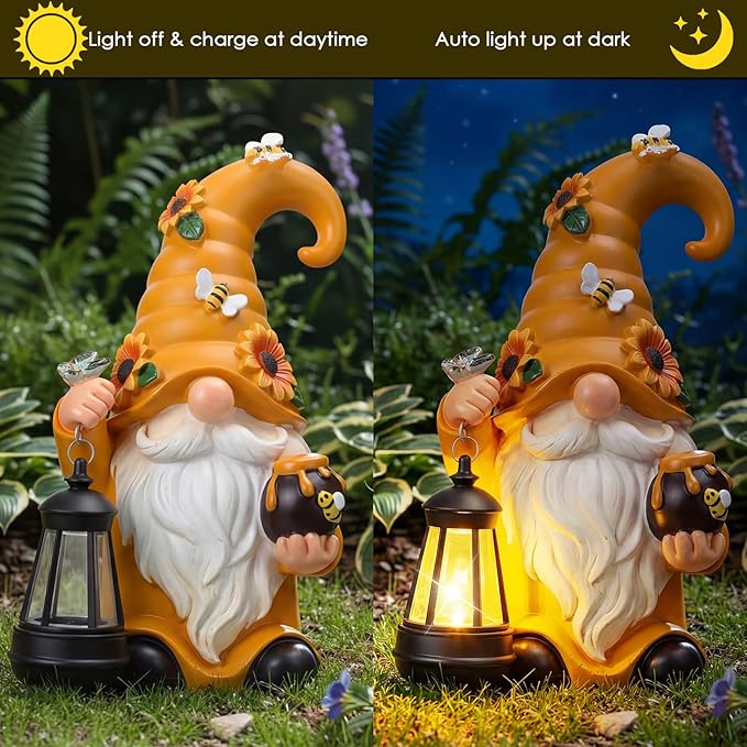 VIHOSE Solar Garden Gnomes Outdoor Decor 8'' Spring Resin Gnome Figurine Holding Lantern with Solar LED Lights for Yard Patio Lawn Decorations Best Gifts for Mother's Day Housewarming