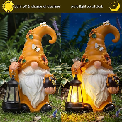 VIHOSE Solar Garden Gnomes Outdoor Decor 8'' Spring Resin Gnome Figurine Holding Lantern with Solar LED Lights for Yard Patio Lawn Decorations Best Gifts for Mother's Day Housewarming