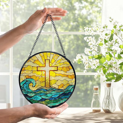 Easter Coastal Christian Cross Suncatchers Stained Glass Window Hanging, Ocean Beach Cross Sun Catchers Indoor Window Glass Round Wall Decor, Christian Wall Hanging Decorations, 7.9x7.9in
