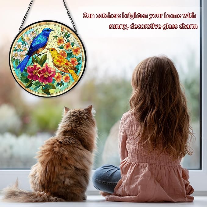 Hummingbird Stained Glass Window Hanging, Suncatcher Diamond Glass Panel Hangings, Sun Catchers Indoor Windows Wall Art, Gift for Mom Grandma Bird Lover, Christmas Decor for Home Office 7.87 inches