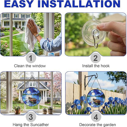 Hanging Stained Glass for Windows,20cm/7.87inch The Boat Beneath the Moon Stained Glass Suncatcher with Chain Garden Diamond Glass Panel Hangings Decoration for Family Friends Colleagues