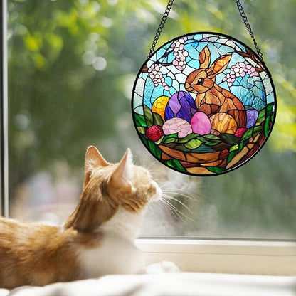 CHATYOUNG Stained Glass Window Hanging Rabbit Easter Egg 9.8" - Colorful Suncatcher Door Garden Home Decor and Christmas Mother's Day Birthday Easters Gift for Grandma Mom Women Wife Friend