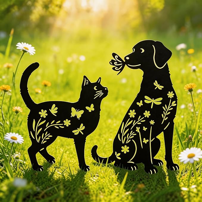 Black Metal Cat&Dog Silhouette Garden Stakes,Decorative Garden Stakes,Pet Memorial Grave Markers for Dogs&Cats,Outdoor Yard Art Decor, for Pet Lovers,Yard Art,Patio Lawn Ornaments