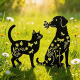 Black Metal Cat&Dog Silhouette Garden Stakes,Decorative Garden Stakes,Pet Memorial Grave Markers for Dogs&Cats,Outdoor Yard Art Decor, for Pet Lovers,Yard Art,Patio Lawn Ornaments