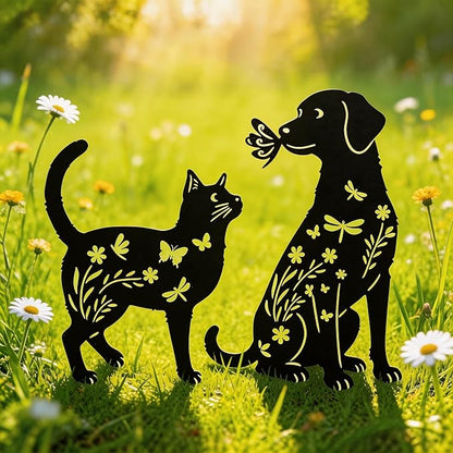 Black Metal Cat&Dog Silhouette Garden Stakes,Decorative Garden Stakes,Pet Memorial Grave Markers for Dogs&Cats,Outdoor Yard Art Decor, for Pet Lovers,Yard Art,Patio Lawn Ornaments