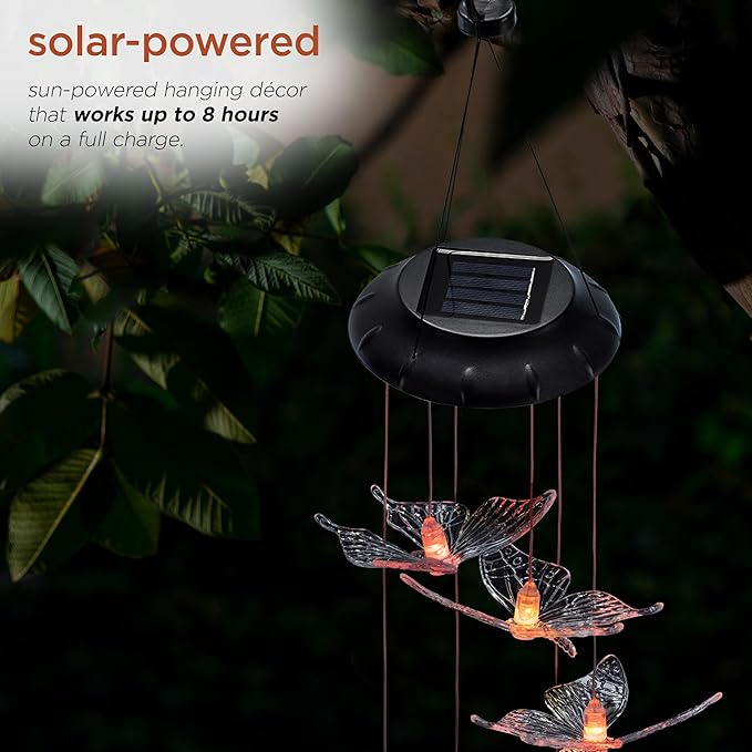 Alpine Corporation 27" Tall Outdoor Solar Powered Wind Mobile with Color Changing LED Butterfly Lights
