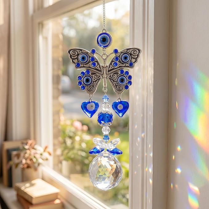 Crystal Suncatcher for Windows - Hanging Prism Sun Catchers with Crystal Balls&Blue Eye, Rainbow Maker for Home、 Garden、Car Decor (Butterfly)