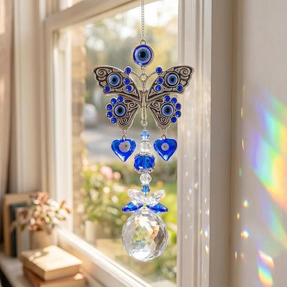 Crystal Suncatcher for Windows - Hanging Prism Sun Catchers with Crystal Balls&Blue Eye, Rainbow Maker for Home、 Garden、Car Decor (Butterfly)