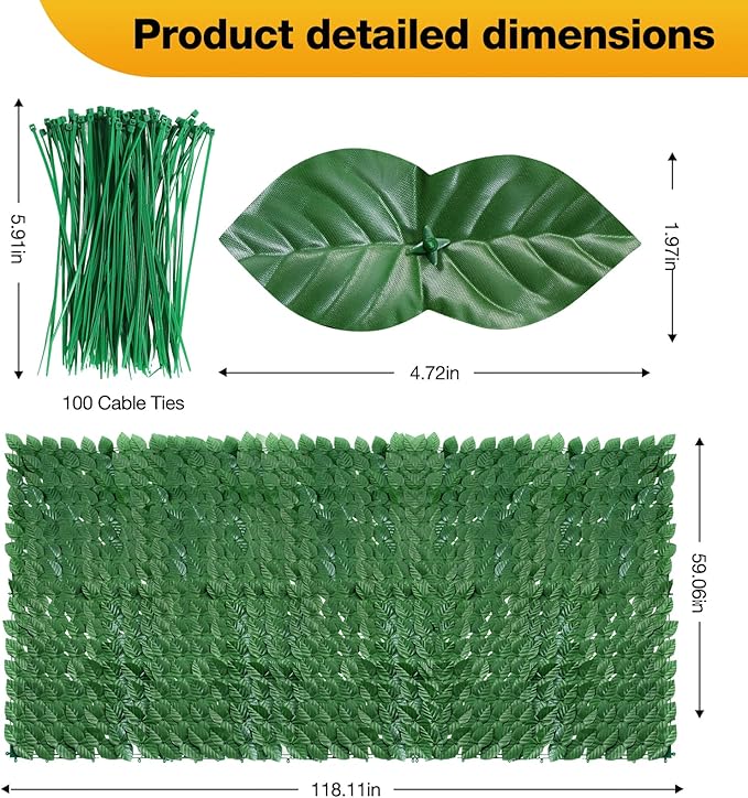 Artificial Ivy Privacy Fence Wall Screen, 59 x 118 in Garden Fake Hanging Plants Vines, Aesthetic Faux Greenery Garland Pothos Leaf with Strengthened Joint Prevent Leaves Falling Off for Outdoor Decor
