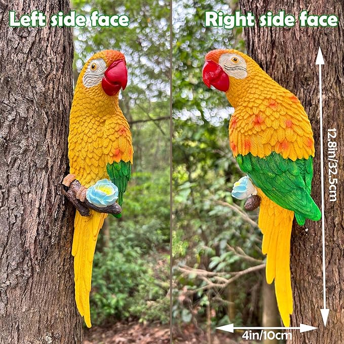 12.7in Fake Parrots Statue for Outdoor Pool Deck Decorations, Resin Lifesize Hawaiian Tropical Birds Decor for Patio, Wall Parrot Decor, Plastic Parrot Sculpture for Yard, Palm Tree(Yellow)