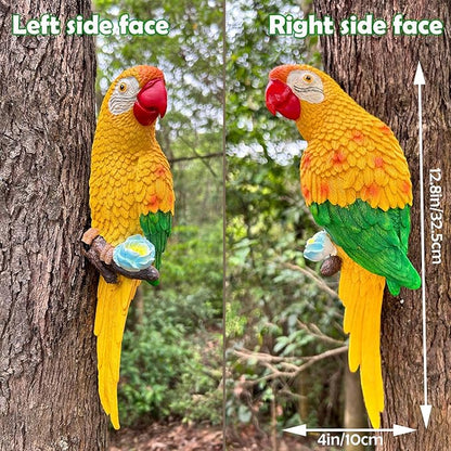 12.7in Fake Parrots Statue for Outdoor Pool Deck Decorations, Resin Lifesize Hawaiian Tropical Birds Decor for Patio, Wall Parrot Decor, Plastic Parrot Sculpture for Yard, Palm Tree(Yellow)