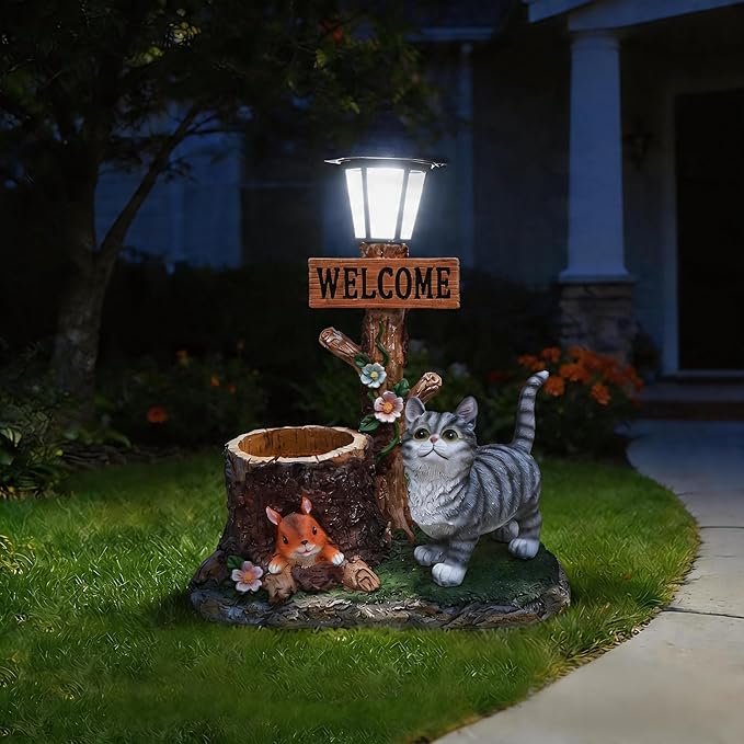 Solar Garden Statue with Planter & Solar Lantern, Outdoor Resin Animal Sculpture, Waterproof Yard Lawn Decor Pot for Succulents, Front Porch Ornament Housewarming Gift (American Shorthair Cat)