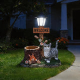 Solar Garden Statue with Planter & Solar Lantern, Outdoor Resin Animal Sculpture, Waterproof Yard Lawn Decor Pot for Succulents, Front Porch Ornament Housewarming Gift (American Shorthair Cat)