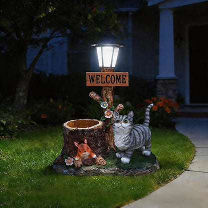 Solar Garden Statue with Planter & Solar Lantern, Outdoor Resin Animal Sculpture, Waterproof Yard Lawn Decor Pot for Succulents, Front Porch Ornament Housewarming Gift (American Shorthair Cat)