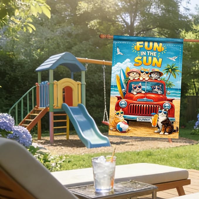 Nuxovilar Large Summer Garden Flag Fun In The Sun Cat Beach Truck Pattern Polyester 28×40 Inches Garden Flags for Outside Fun Decor Yard Porch Lawn