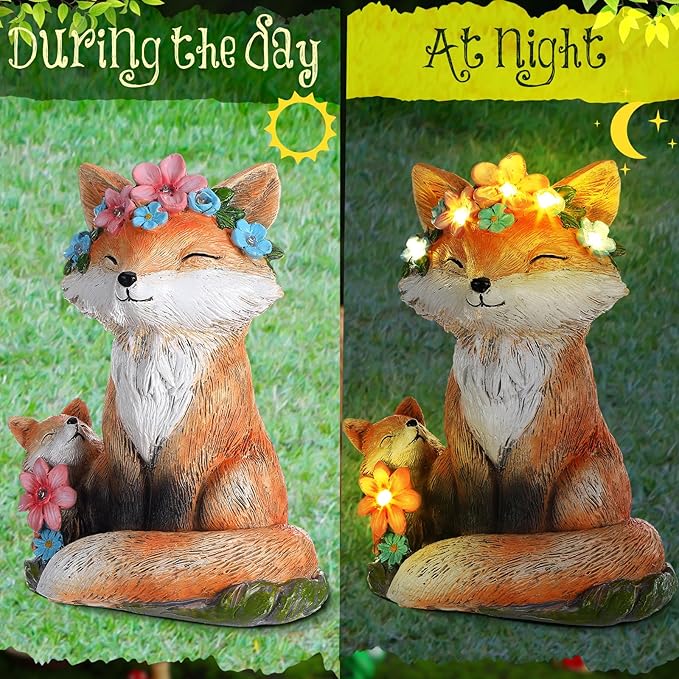 Leinuosen Mom and Baby Fox Gift Statue for Women Solar Powered Garden Decor Outdoor Lighted Resin Mother's Day Fox Gifts for Mama Grandma Patio Porch Yard Lawn Courtyard Backyard Indoor