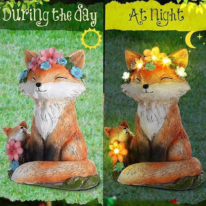 Leinuosen Mom and Baby Fox Gift Statue for Women Solar Powered Garden Decor Outdoor Lighted Resin Mother's Day Fox Gifts for Mama Grandma Patio Porch Yard Lawn Courtyard Backyard Indoor