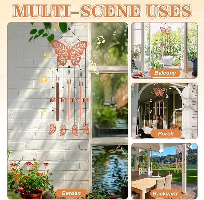 Butterfly Wind Chime for Outside,Butterfly Gifts for Women Men,Horizontal Metal Memorial Butterflies Birthday Gifts for Women Men Garden Decor